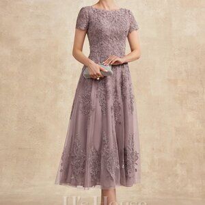 A-line Scoop Tea-Length Tulle Lace Mother of the Bride Dress
